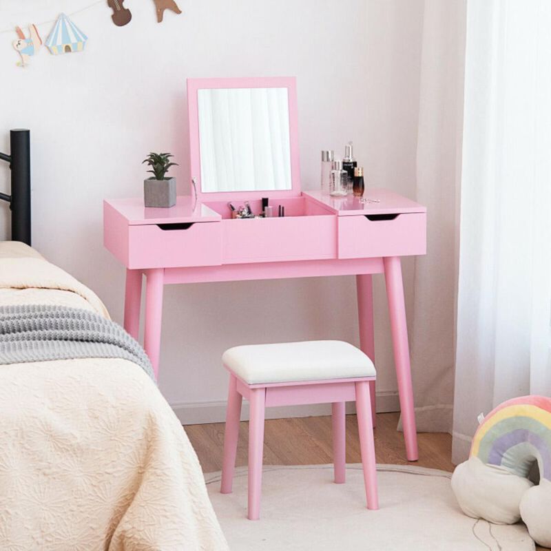 Hivvago Makeup Vanity Table Set with Flip Top Mirror and 2 Drawers-Pink