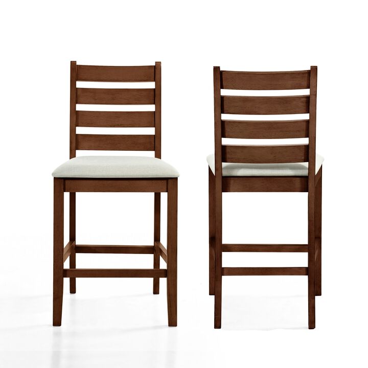 Accai Counter Height Chair Set of 2, Beige Polyester, Brown Rubberwood - Benzara