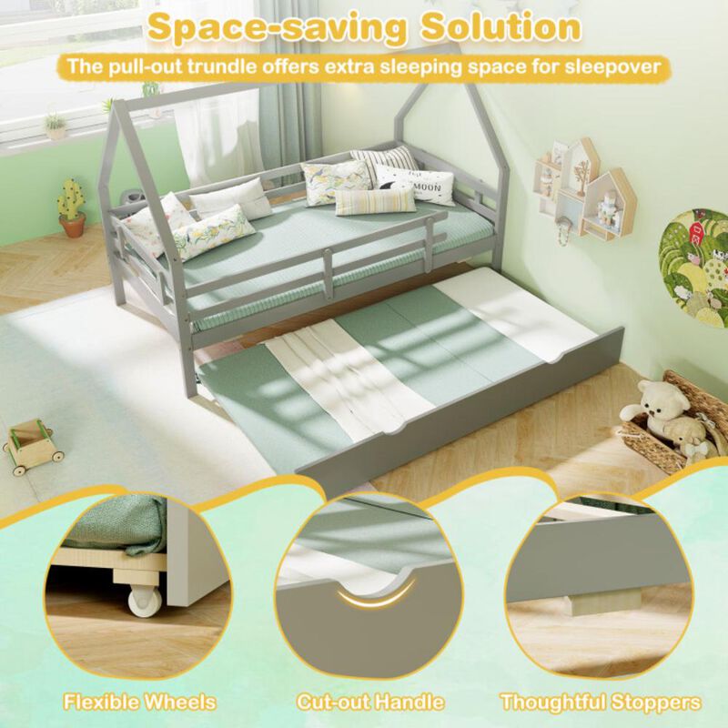 Hivvago Twin House Bed with Trundle and Fence Rail
