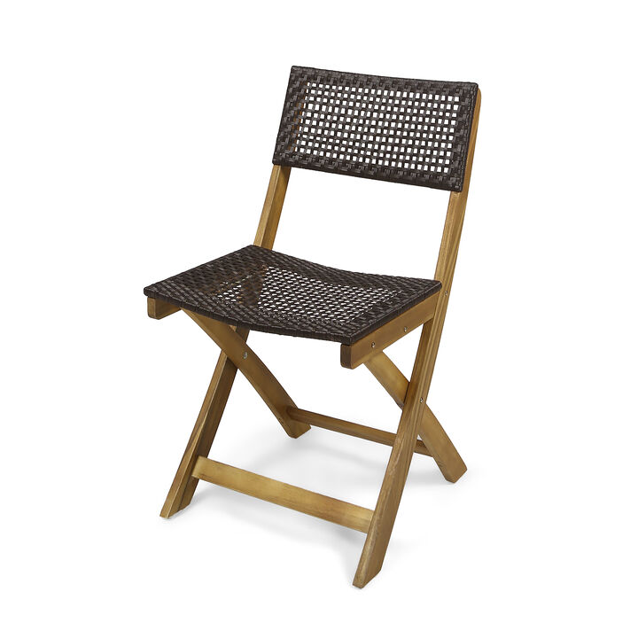 Bistro Side Chair, Foldable, Outdoor Gray Wicker Cane, Brown Acacia Wood - Benzara