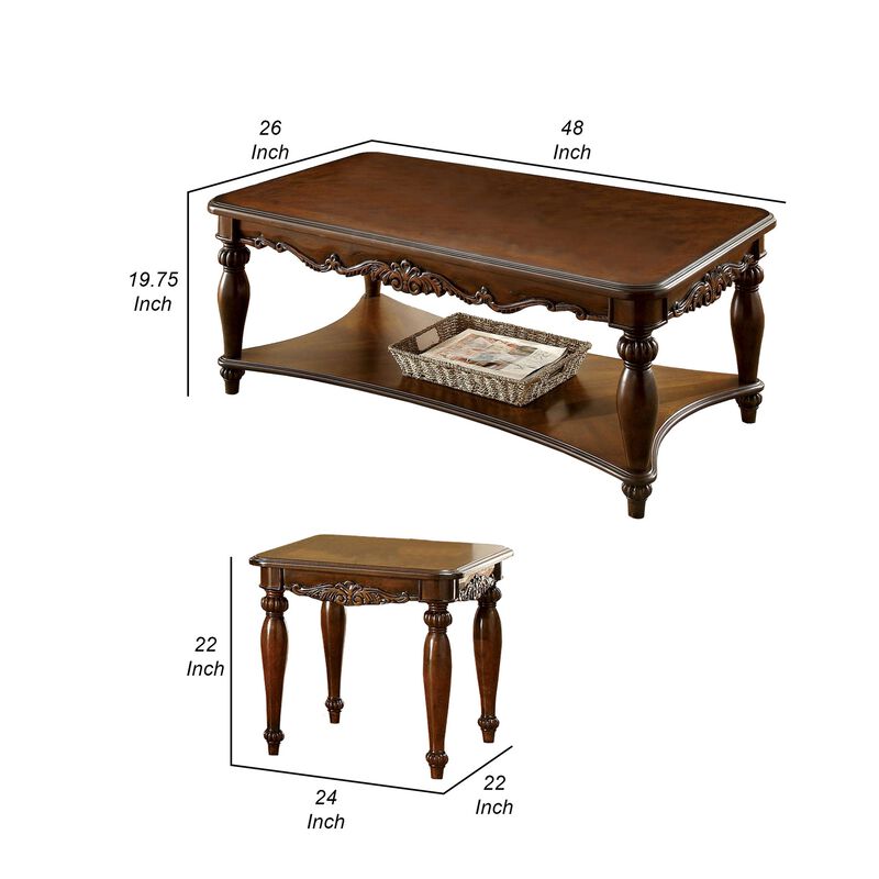 Wooden Coffee & End Tables Set, Cherry Brown, Pack of 3-Benzara