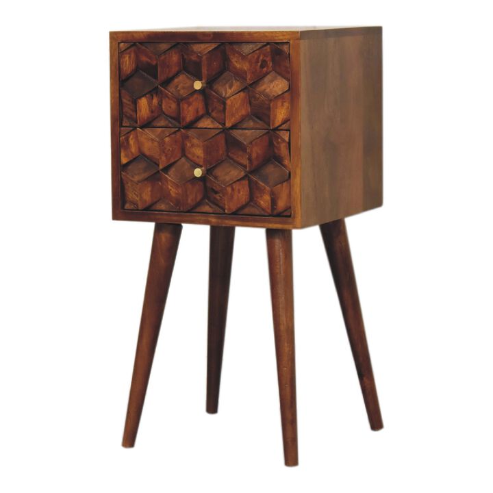 Mini Chestnut Cube Carved 2 Drawer Solid Wood Nightstand