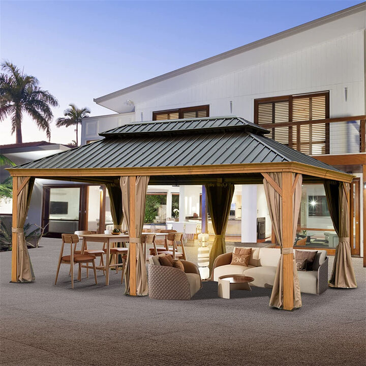 MONDAWE 12x20ft Hardtop Gazebo Outdoor Aluminum Wood Grain Gazebos with Galvanized Steel Double Canopy for Patios Deck Backyard,Curtains&Netting (Wood-Looking)