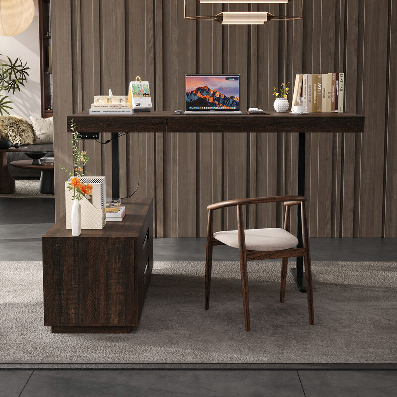 FUFU&GAGA Modern Brown Wood Grain Height-Adjustable Desk with Storage, P2 MDF, with Glass Drawers and Adjustable Shelves (70.9" W x 29.1"~44.1" H x 31.5" D), Brown