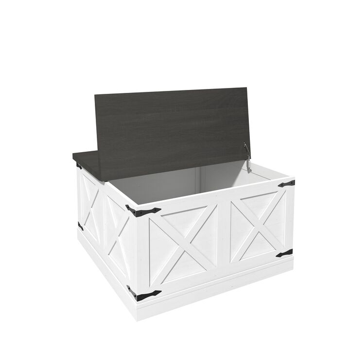 Farmhouse Coffee Table, Square Wood Center Table with Large Hidden Storage Compartment for Living Room, Rustic Cocktail Table with Hinged Lift Top for Home, White