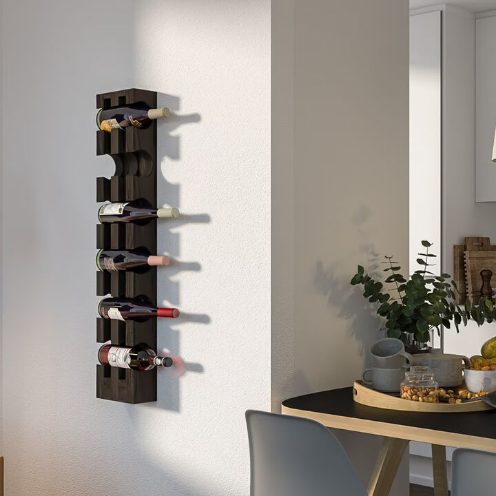 Solid Hardwood Wine Rack for 6 Bottles - Black Wall-Mounted Handmade Wine Bottle Holder