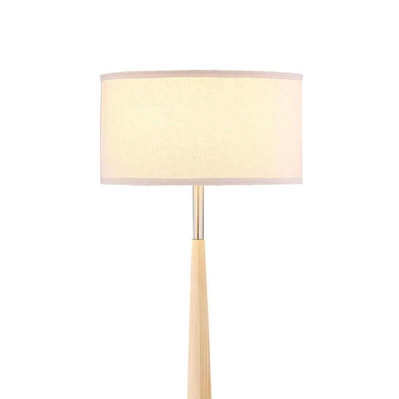 Nary Floor Lamp, 58 Inch Tapered Wood Stem, White Fabric, Chrome Metal - Benzara