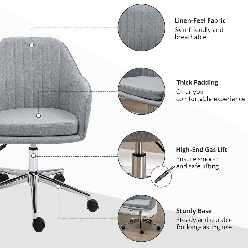 Light Grey Study Chair: Linen Fabric Scallop Shape Swivel Seat