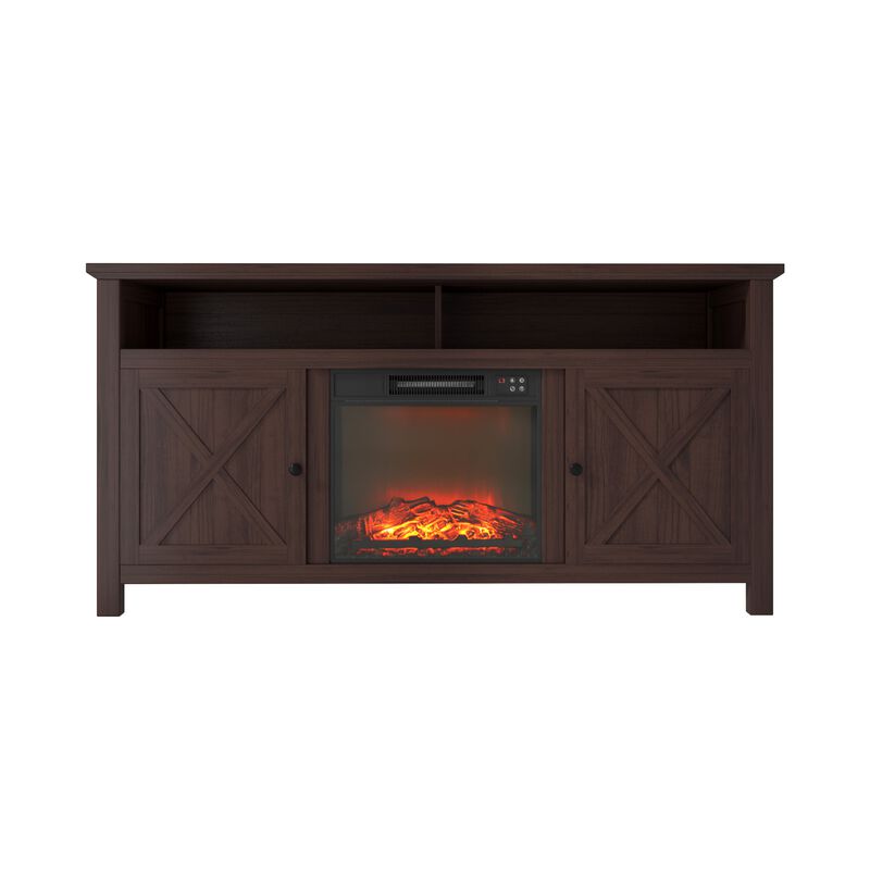 Mondawe 58.23-in W Brown TV Stand with Fan-forced Flat Wall Electric Fireplace with Remote Control Included