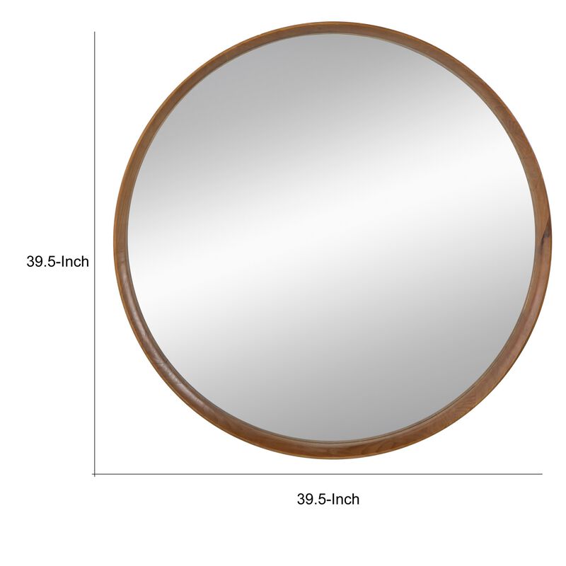 Roe 40 Inch Round Accent Mirror, Brown Pine Wood Frame, Wall Hung-Benzara