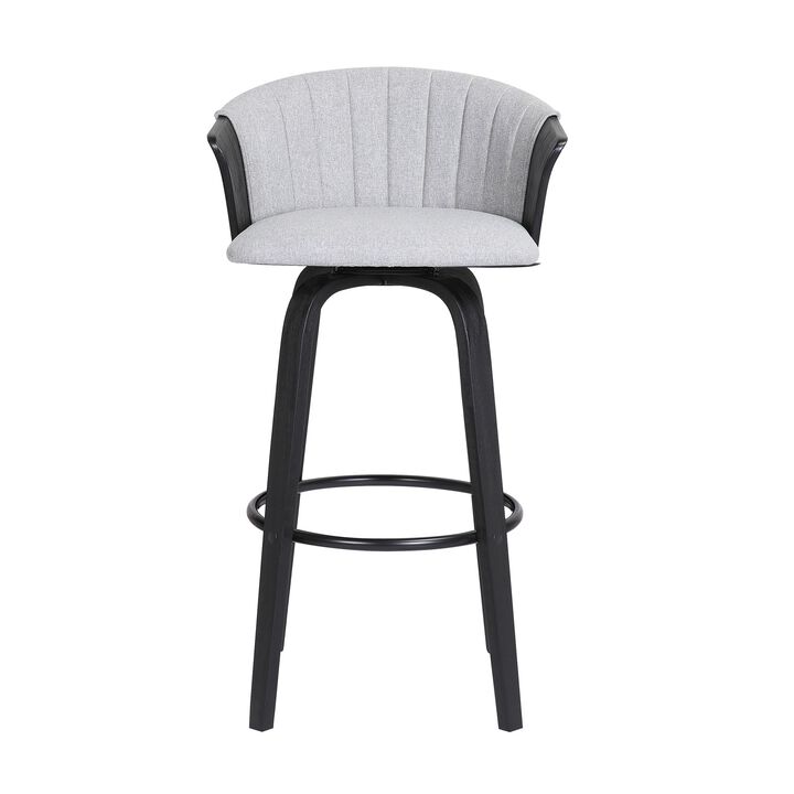 Oja 30 Inch Swivel Barstool Chair, Light Gray Fabric, Curved, Black Wood - Benzara