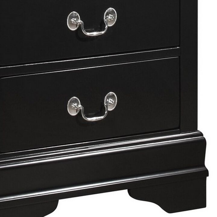 2 Drawer Wooden Frame Nightstand with Antique Metal Pulls, Black-Benzara