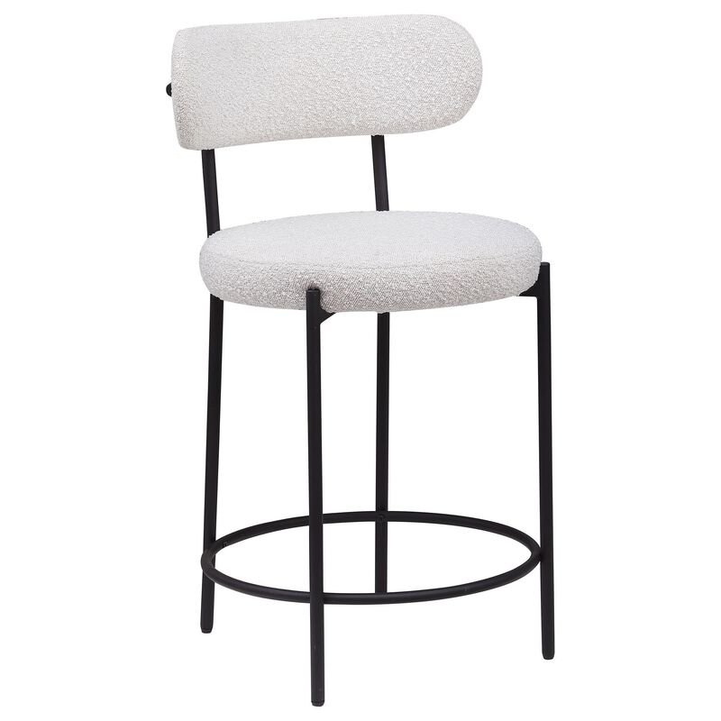 Winona Counter Height Chair Set of 2, White Boucle, Black Metal 25in - Benzara