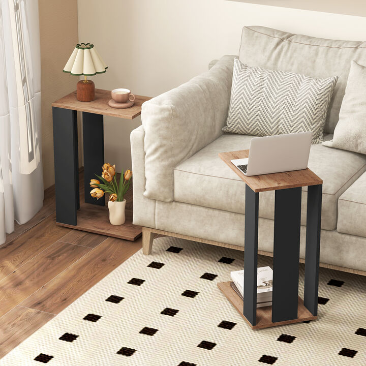 Mobile 2-Tier C-Shaped Side Table with Storage Shelf and Rolling Wheels