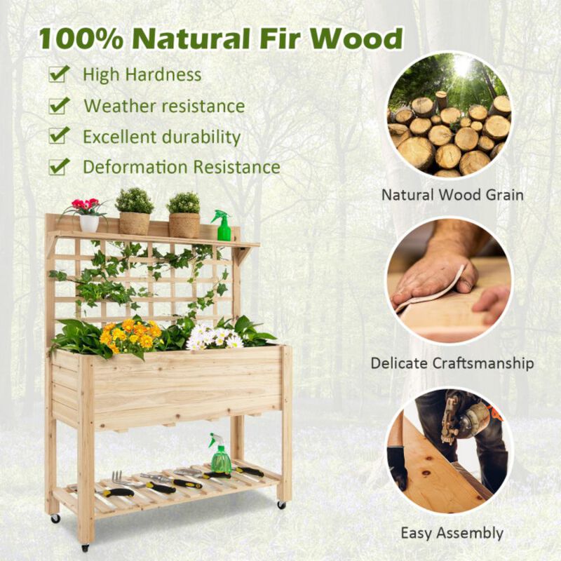 Hivvago Wooden Raised Garden Bed with Wheels Trellis and Storage Shelf