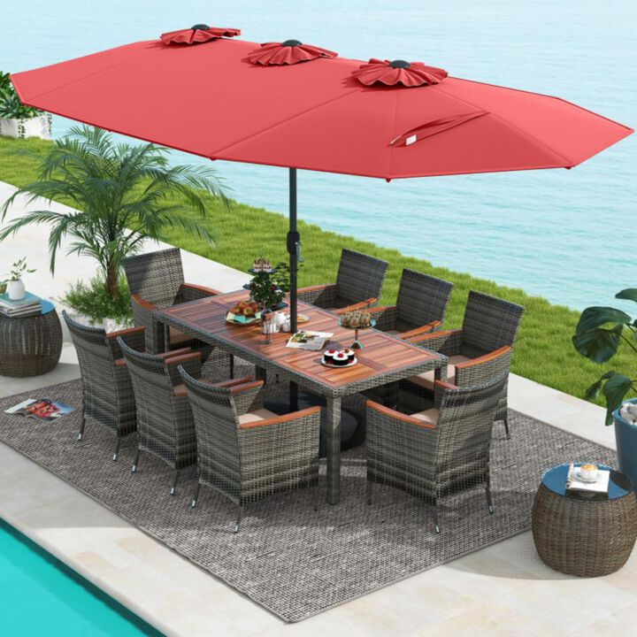 Hivvago 10 Pieces Patio Wicker Dining Set with 15 Feet Double-Sided Patio Umbrella