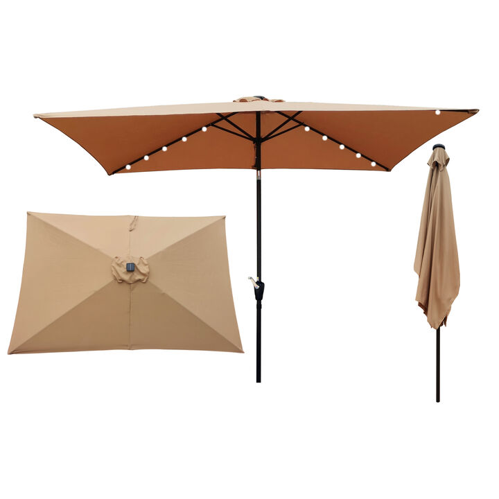 10 X 6.5FT Rectangular Patio Solar LED Lighted Outdoor Umbrellas With Crank And Push Button