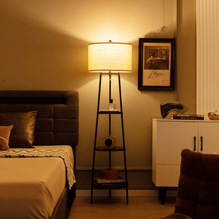 Hivvago Shelf Floor Lamp with Storage Shelves and Linen Lampshade