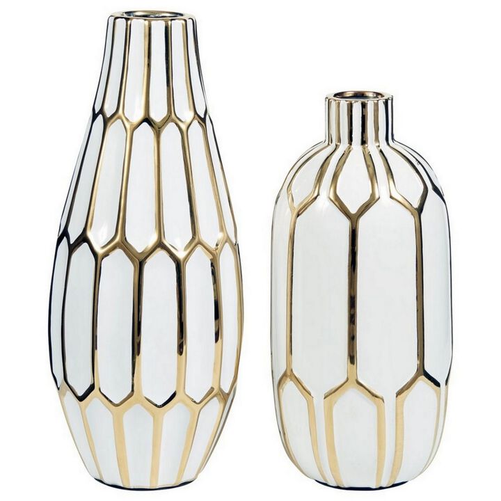 Vase with Honeycomb Geometric Design, Set of 2, White and Gold-Benzara