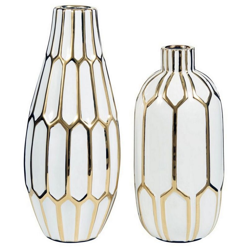 Vase with Honeycomb Geometric Design, Set of 2, White and Gold-Benzara