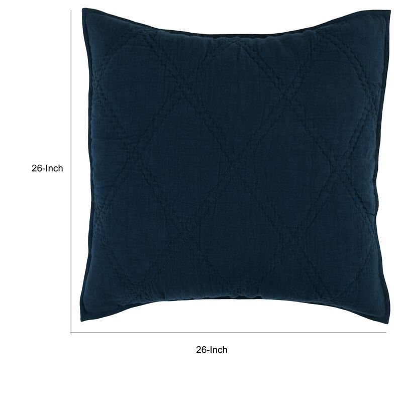 Hara 26 Inch Hand Quilted Euro Pillow Sham with Polyester Fill, Dark Blue-Benzara