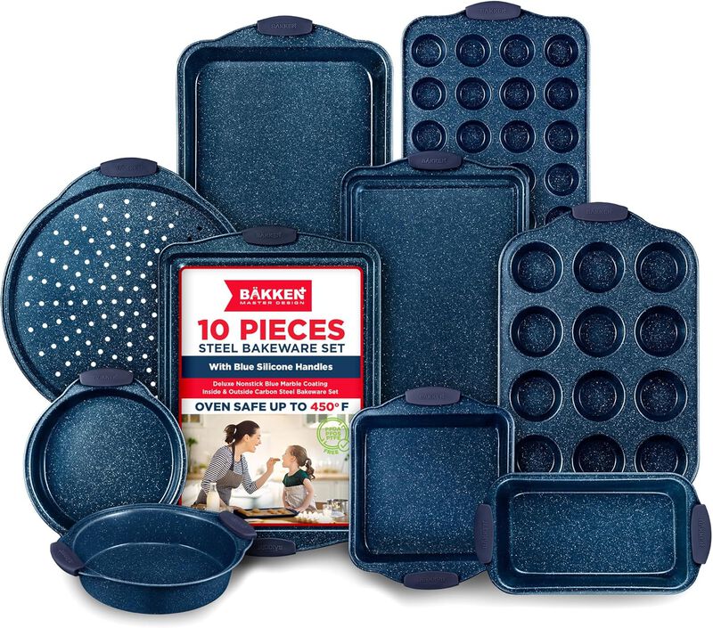 BAKKEN Kitchen Baking Pan Set - Nonstick Coating, Carbon Steel Bakeware Sets with Silicone Handles, Baking Kitchen Essentials, PFOA, PFOS, PTFE Free, Oven Safe Tray (Up To 450° F), Set of 10