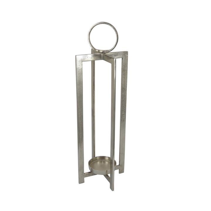 Siana Lantern Candle Holder, 27 Inch Tall, Silver Finished Metal Frame - Benzara
