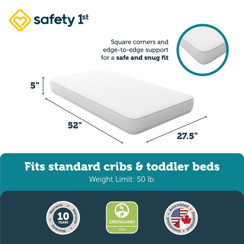Pleasant Dreams Crib and Toddler Bed Mattress with Waterproof and Stain Resistant Cover, White