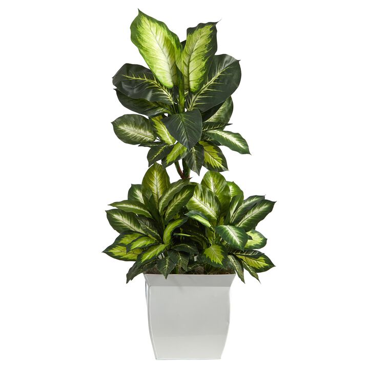 Hivvago 46" Golden Dieffenbachia Artificial Plant in White Metal Planter