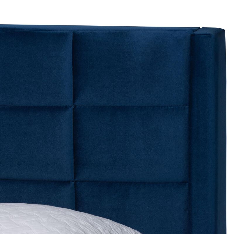 Baxton Studio Payne Modern Glam Navy Blue Velvet and Dark Brown Wood Queen Bed