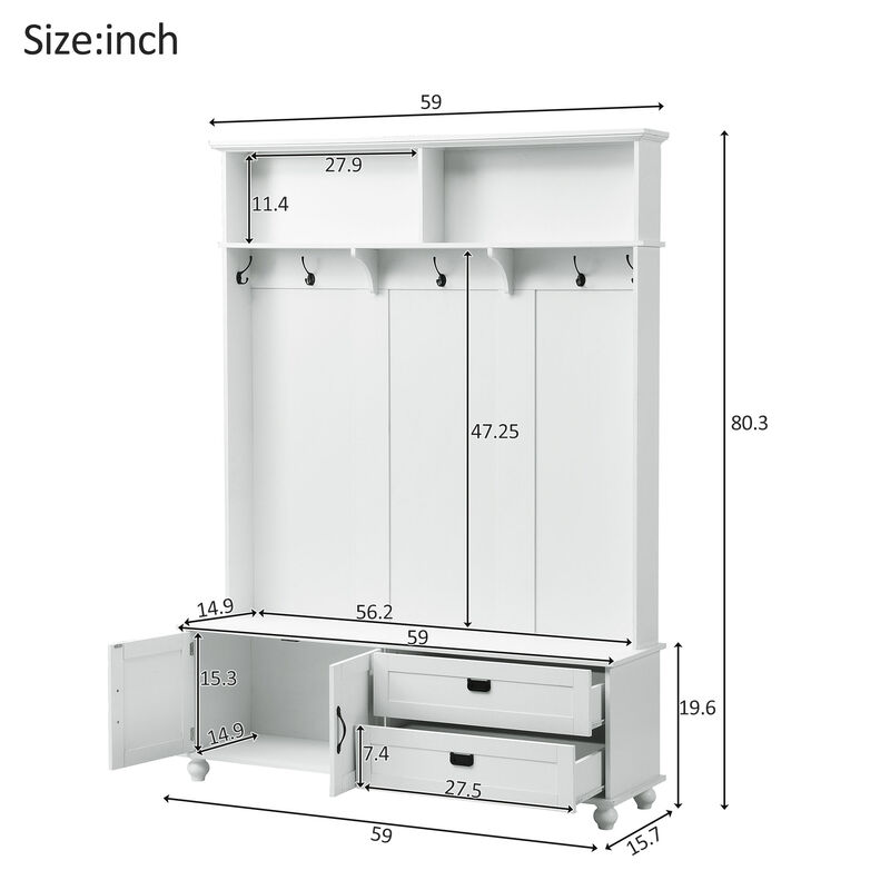 Modern Hall Tree with Storage Cabinet and 2 Large Drawers, Mudroom Bench with 5 Coat Hooks