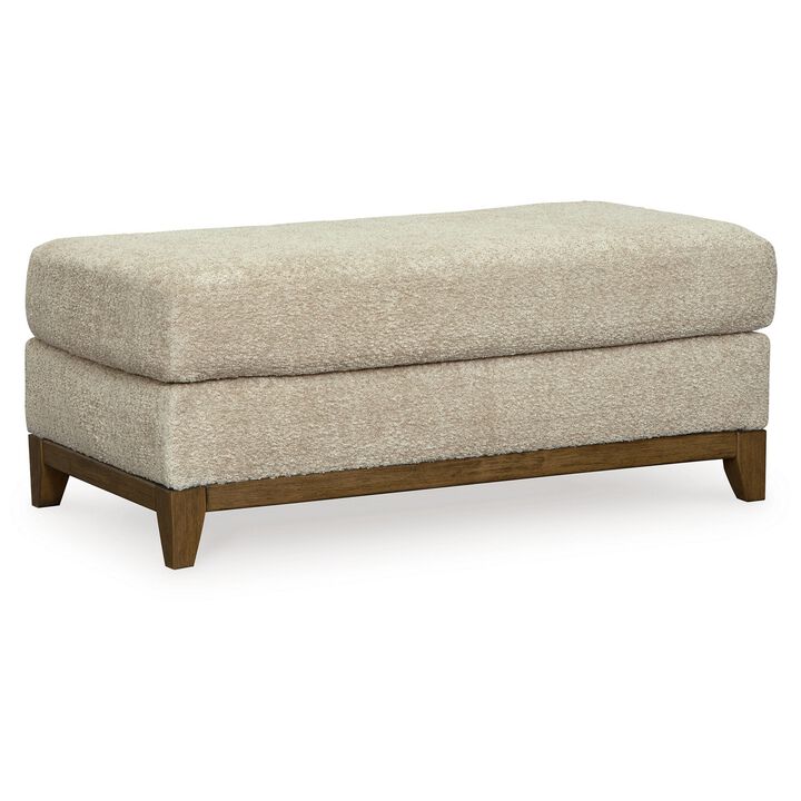 Klyn 44 Inch Ottoman, Plush Cushion, Faux Wood Rail Feet, Beige Polyester - Benzara