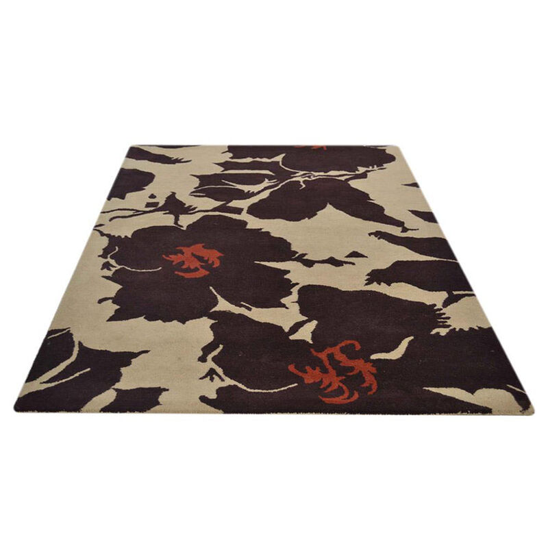 RUGSOTIC CARPETS HAND TUFTED WOOL ECO-FRIENDLY AREA RUGS  - 4'x6', Rectangle Shape, Cream & Brown, Floral Modern Design, High Pile Thick Handmade Area Rugs for Living Room, Bed Room (K00506)