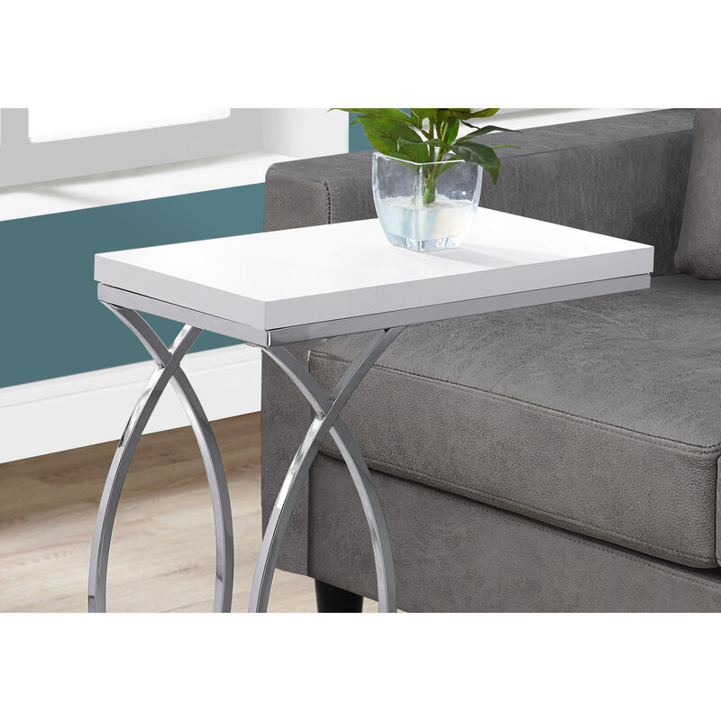 Monarch Specialties I 3184 Accent Table, C-shaped, End, Side, Snack, Living Room, Bedroom, Metal, Laminate, Glossy White, Chrome, Contemporary, Modern