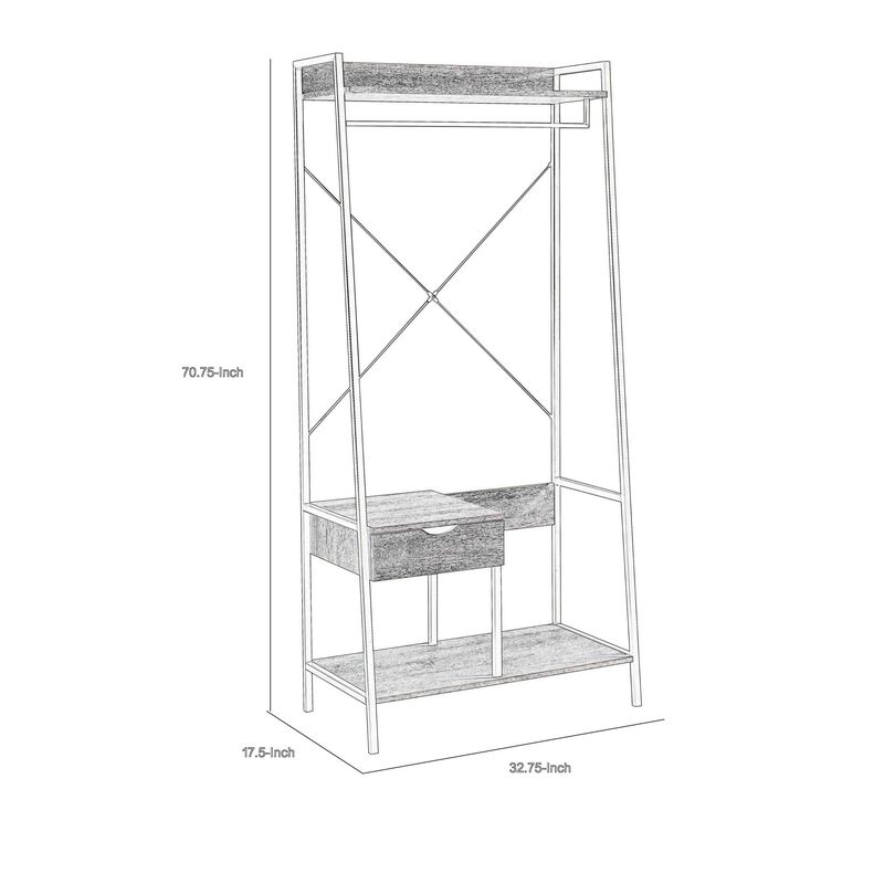 Bery 71 Inch Clothing Rack, 1 Drawer, Hanging Rod, Open Shelf, Taupe, Black - Benzara