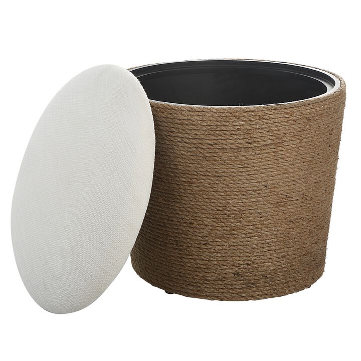 18 Inch Classic Storage Accent Ottoman, Rope Wrapped Base, Off White, Brown-Benzara