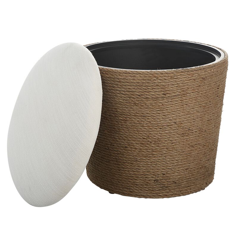 18 Inch Classic Storage Accent Ottoman, Rope Wrapped Base, Off White, Brown-Benzara