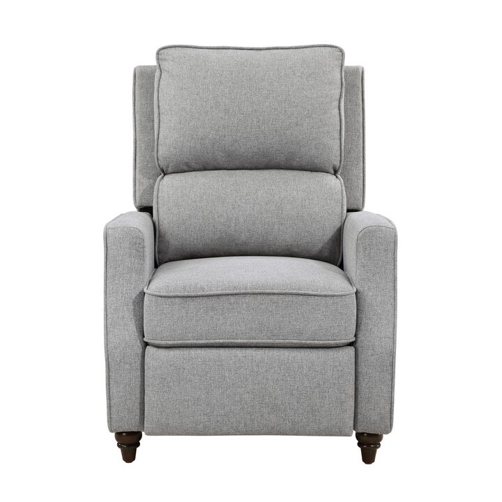 Isac 37 Inch Push Back Recliner Chair, Gray Polyester, Brown Solid Wood  - Benzara