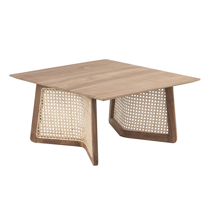 28 Inch Coffee Table, Square Top, Rattan Cane Base, Teak Wood, Brown  - Benzara