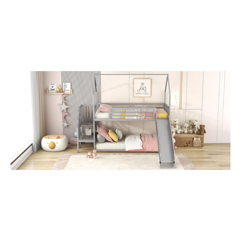 Twin Over Twin Metal Bunk Bed House Bed With Slide And Staircase, Silver