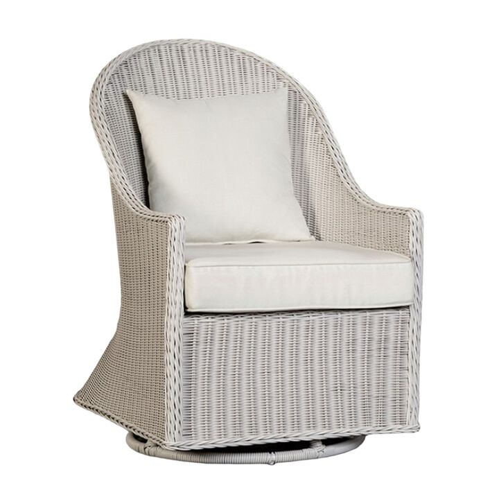 Tomo Outdoor Swivel Chair, Wingback Design, White Fabric, Wicker Rattan