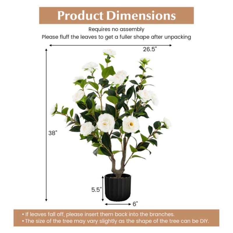 Hivvago 38 Inch Artificial Camellia Tree Faux Flower Plant in Cement Pot 2 Pack