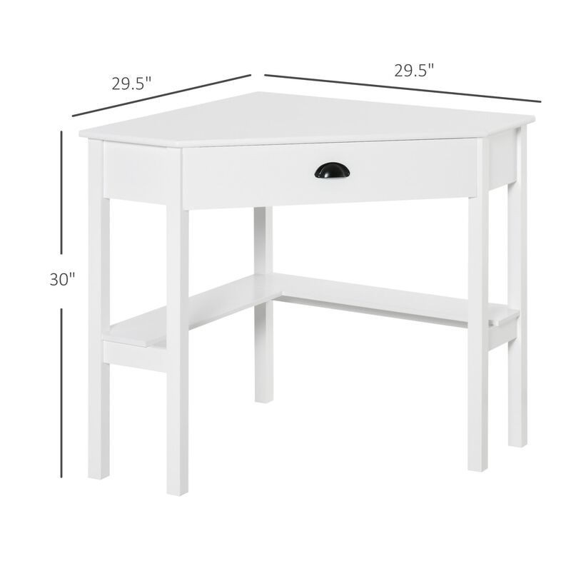 White Compact Desk: Small Corner Workstation with Drawer and Shelves
