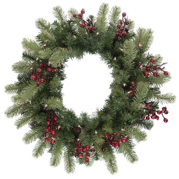 Pre-lit Noble Fir with Red Berries and Pine Cones Artificial Christmas Wreath - 24" - Clear Lights