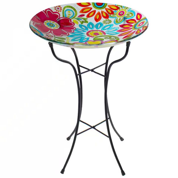 Pastel Floral Glass Bird Bath Elegant Garden Stand for Birds & Wildlife