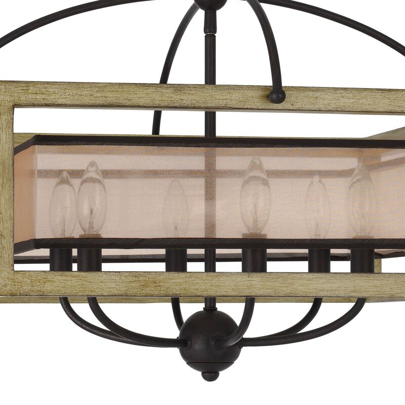 Acia 24 Inch Chandelier, Square Organza Shade, Wood, Metal  - Benzara