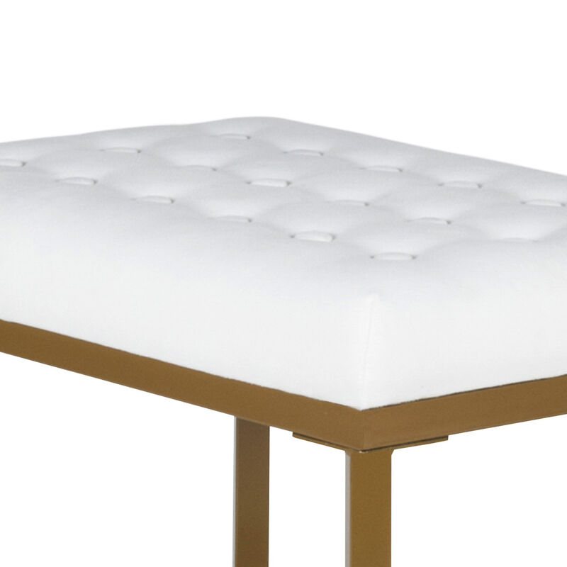 Metal Framed Bench with Button Tufted Velvet Upholstered Seat, White and Gold - Benzara
