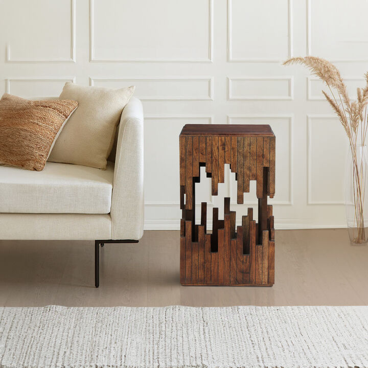 24 Inch Accent Side End Table, Brown Acacia Wood, Slatted Square Top, Handcrafted Abstract Silhouette, Black Iron - Benzara