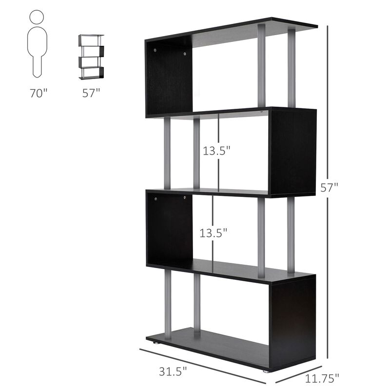 Modern Display Unit: Black 5-Tier S-Shaped Wooden Bookcase for Home/Office