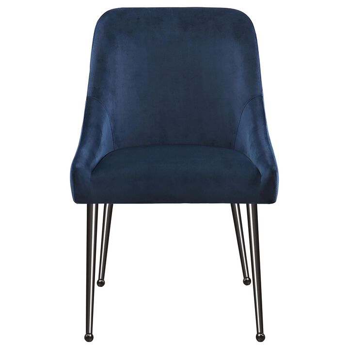 Maya Dining Side Chair Set of 2, Slope Arms, Black Metal, Blue Velvet - Benzara